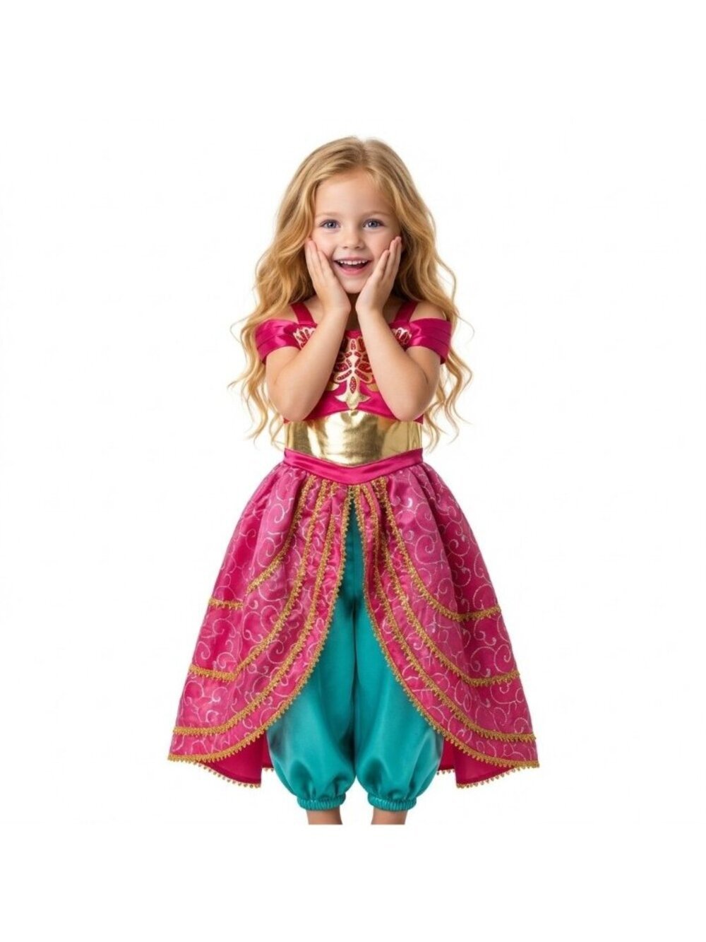 Girls Jasmine Princess Costume Outfit Pink Teal Gold Satin Birthday Party